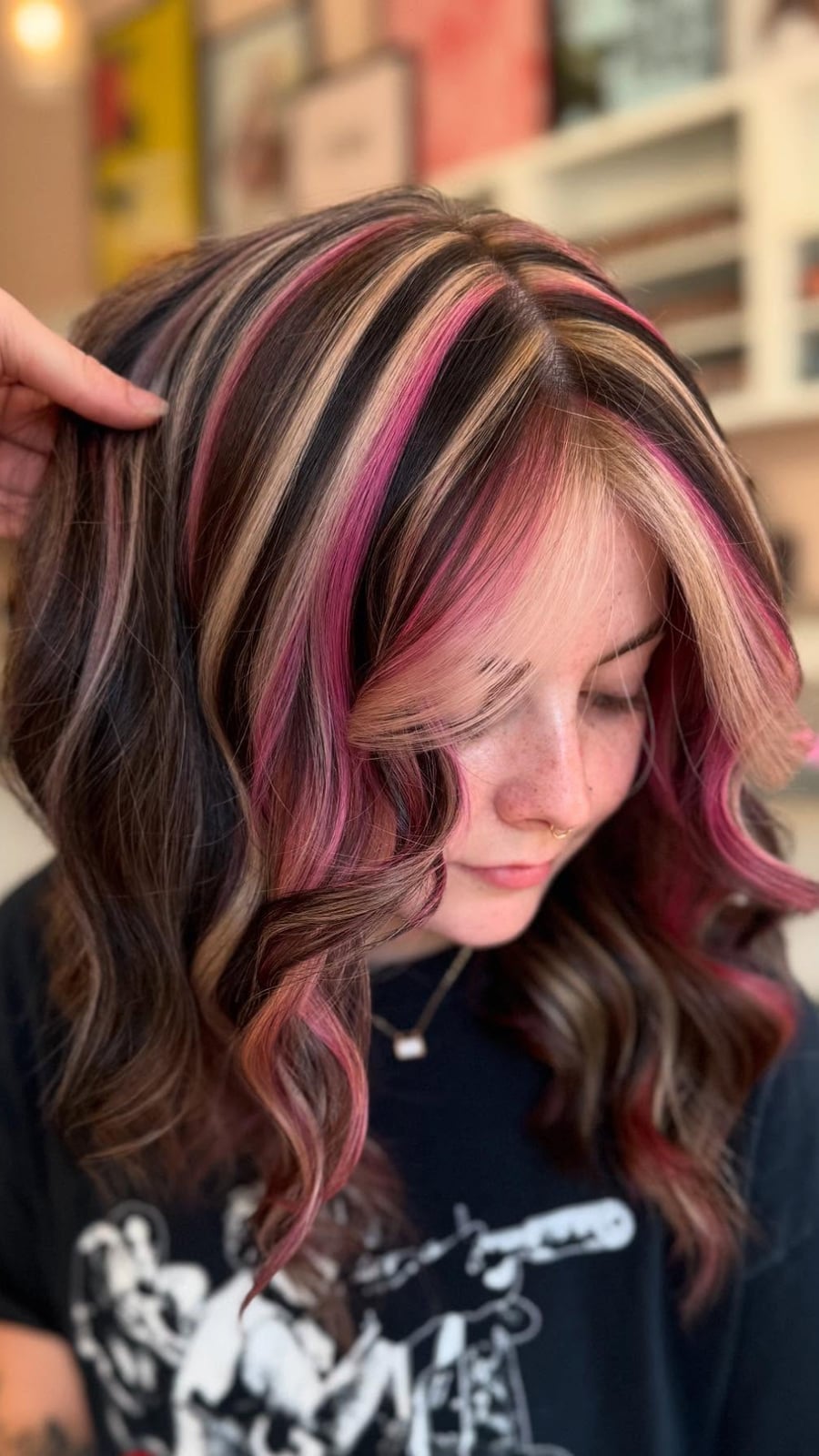 Dark Brown With Chunky Blonde and Pink Highlights Dark Brown With Chunky Blonde and Pink Highlights — Highlights Trends