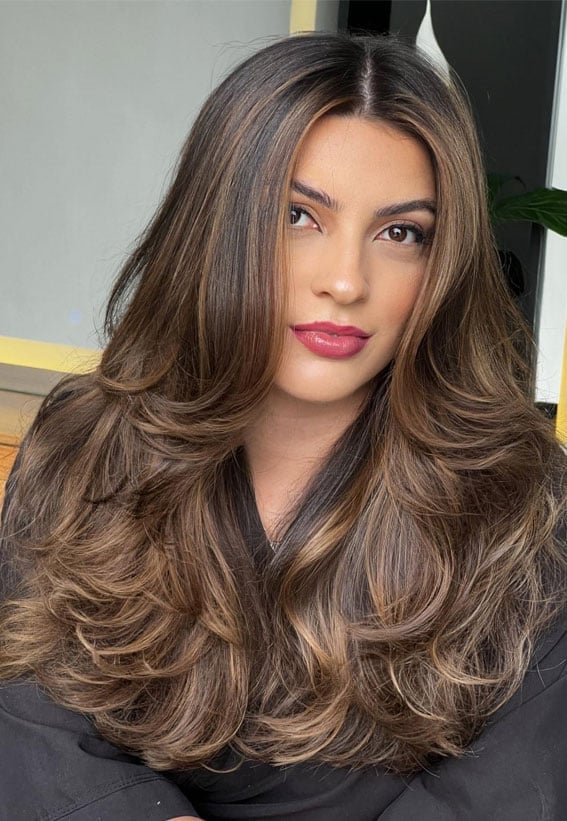 Dark Brown With Subtle Caramel Highlights, Curtain Bangs Dark Brown With Subtle Caramel Highlights, Curtain Bangs — Highlights Trends