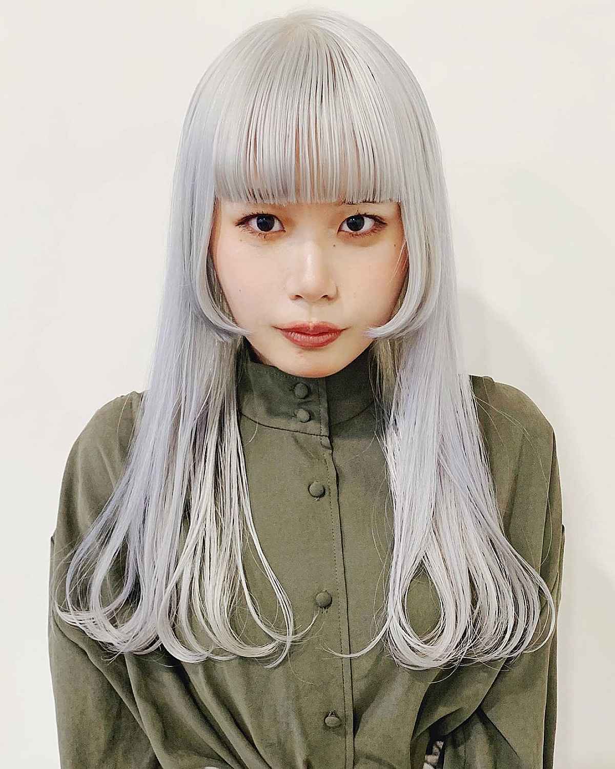 Ash Blonde Mid-Back Hime Cut With Subtle Waves