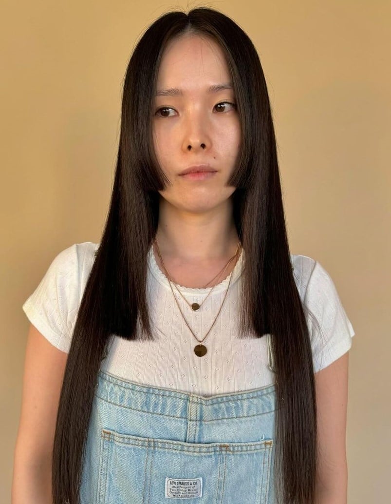 Thick Dark Brown Mid-Back Hime Cut With Straight Cut