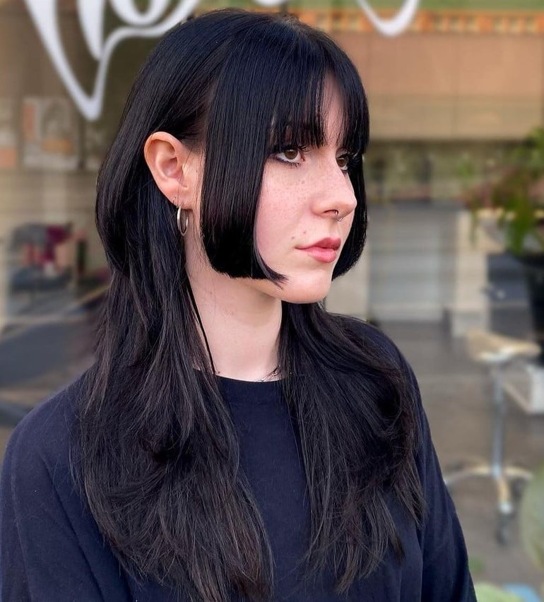 Black Collarbone Hime Cut With Sharp Jawline Layers