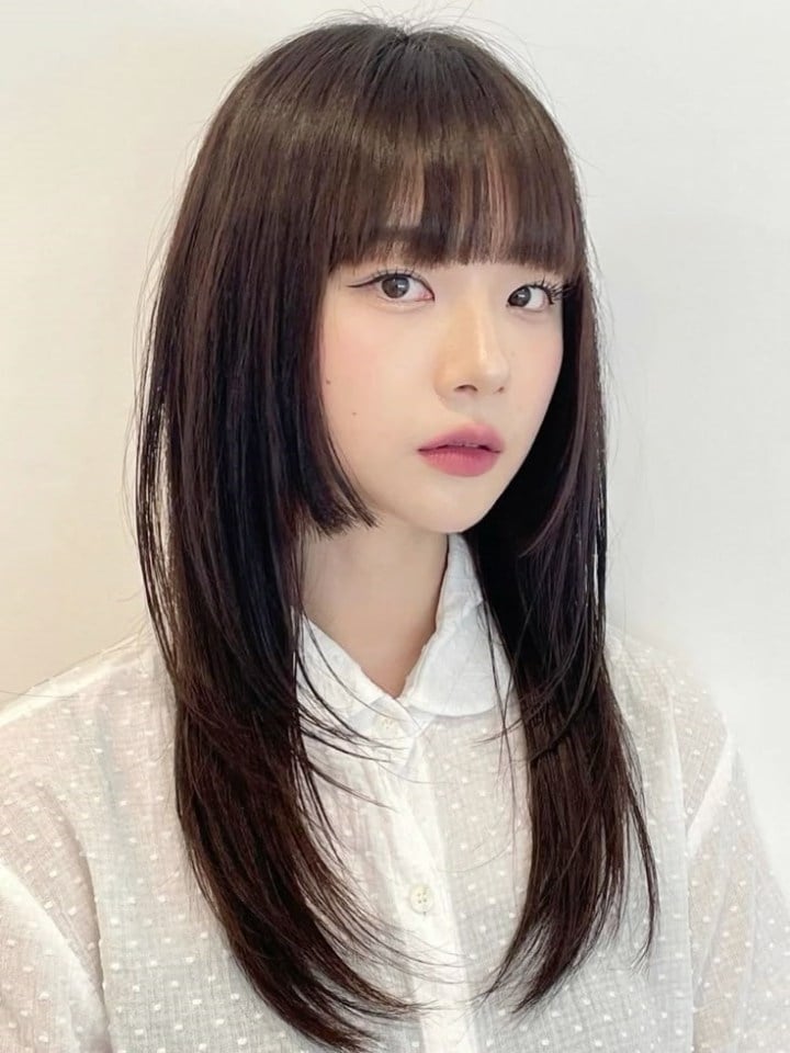 Dark Brown Layered Hime Cut To Collarbone