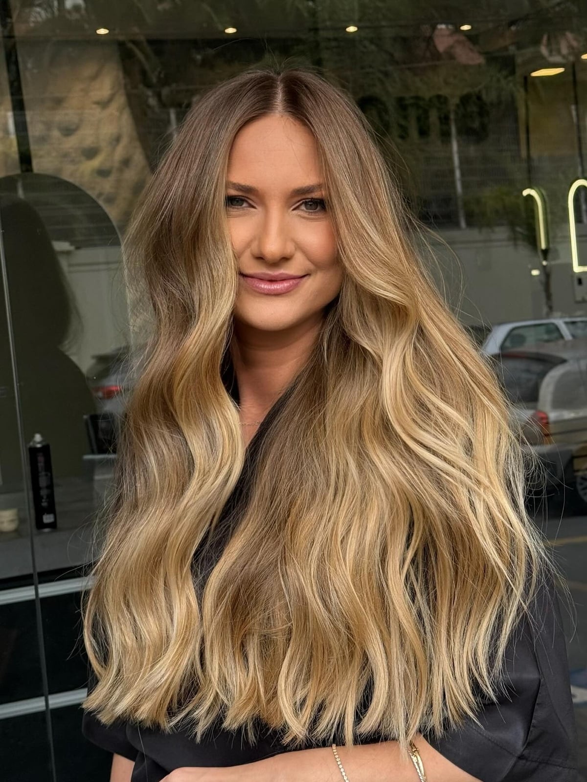 Collarbone Blowout With Honey Balayage on Rich Brown Base