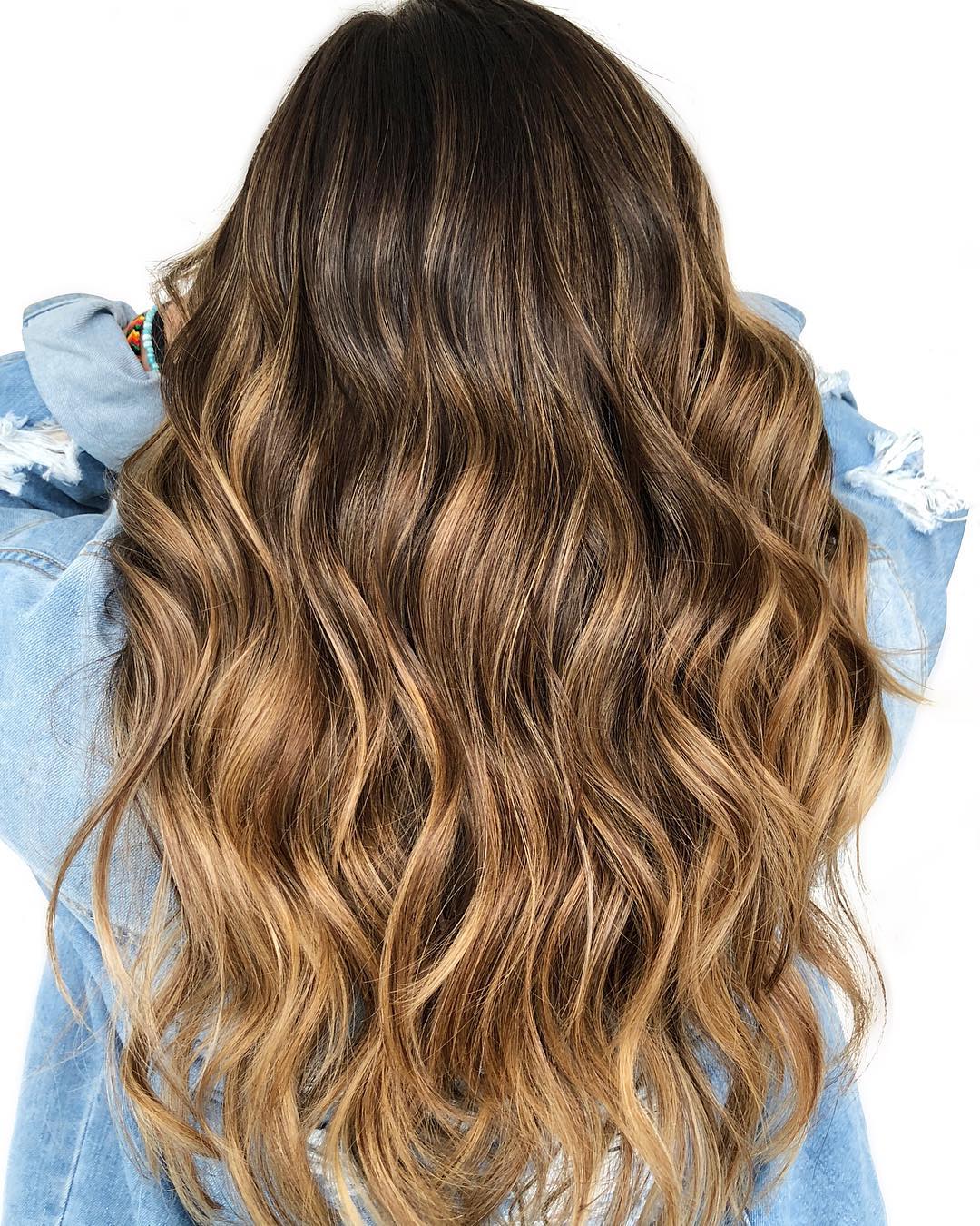 Long Layered Hair With Honey Balayage on Dark Brown
