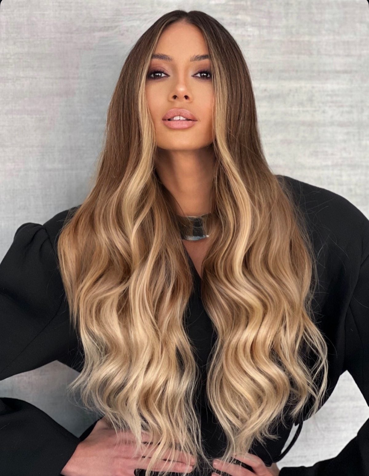 Mid-Back Blowout With Dark Brown Base and Honey Blonde Balayage, Thick — Honey Balayage
