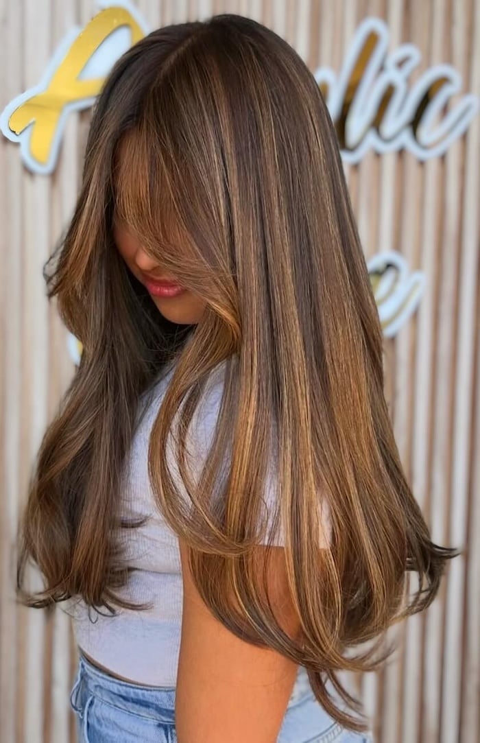 Dark Brown Base With Honey Caramel Balayage and Curtain Bangs — Honey Balayage