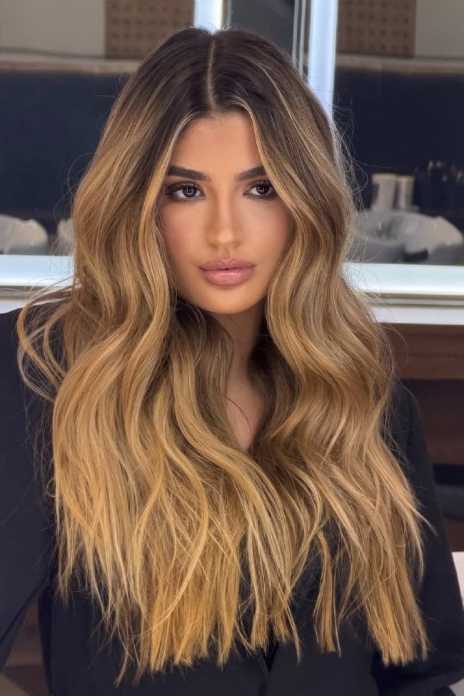 Long Layered Hair With Honey Beige Balayage — Honey Balayage