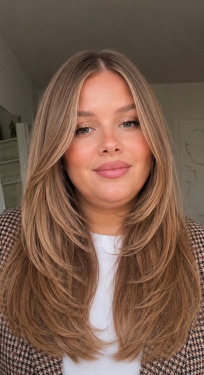 Mid-Back Length Honey Brown With Curtain Bangs Mid-Back Length Honey Brown With Curtain Bangs — Honey Brown Hair