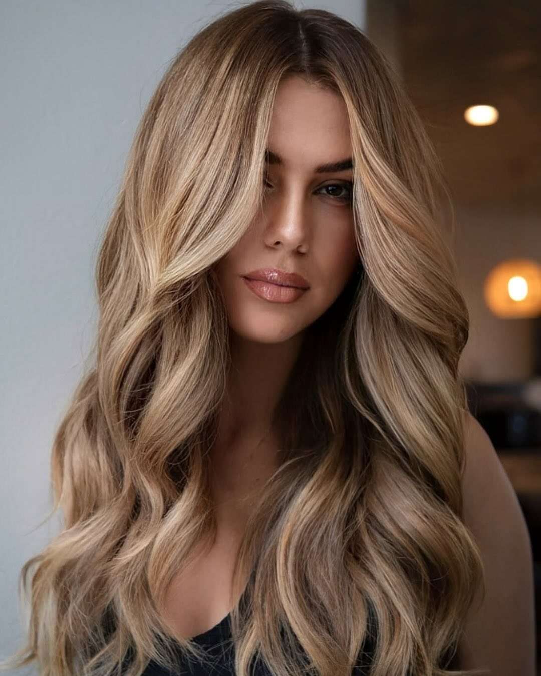 Collarbone Honey Brown Balayage With Curtain Bangs Collarbone Honey Brown Balayage With Curtain Bangs — Honey Brown Hair