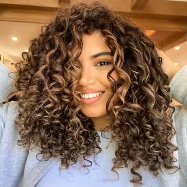 Shoulder Length Honey Brown Curly Balayage Shoulder Length Honey Brown Curly Balayage — Honey Brown Hair