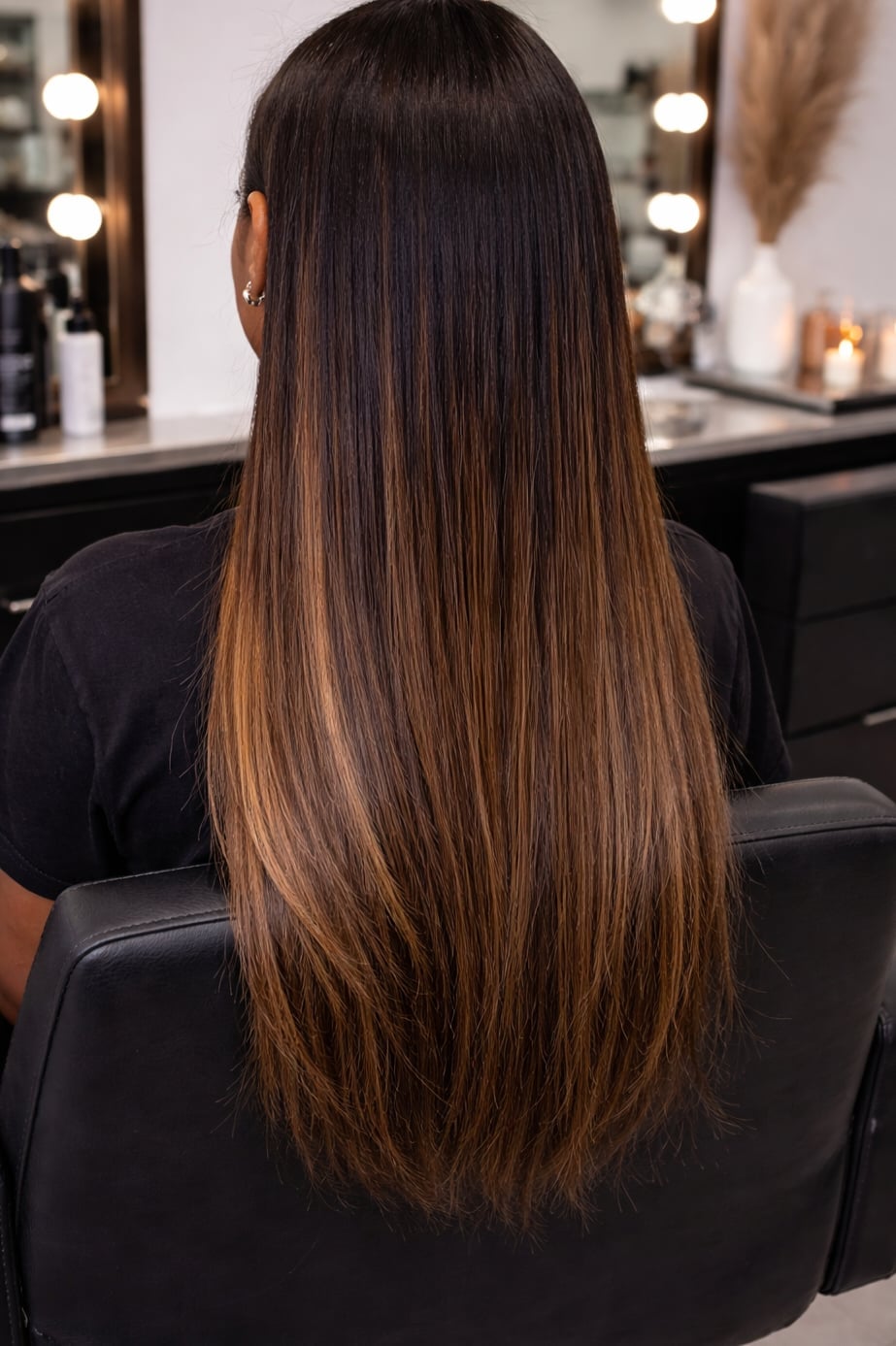 Mid-Back Straight Dark Brown With Honey Highlights Mid-Back Straight Dark Brown With Honey Highlights — Honey Brown Hair