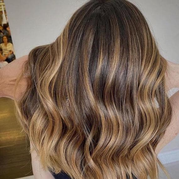 Mid-Back Wavy Honey Brown Balayage Mid-Back Wavy Honey Brown Balayage — Honey Brown Hair