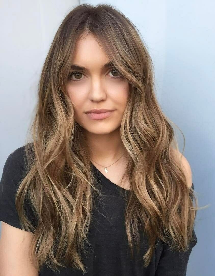 Collarbone Light Brown With Honey Blonde Balayage, Curtain Bangs Collarbone Light Brown With Honey Blonde Balayage, Curtain Bangs — Honey Brown Hair