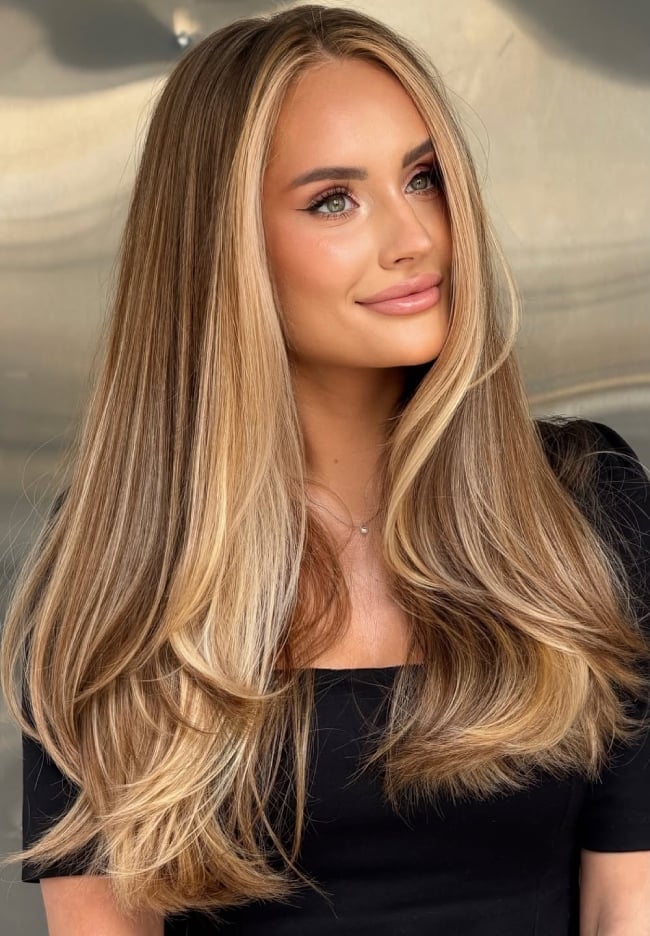 Mid-Back Light Brown With Bright Honey Blonde Highlights Mid-Back Light Brown With Bright Honey Blonde Highlights — Honey Brown Hair