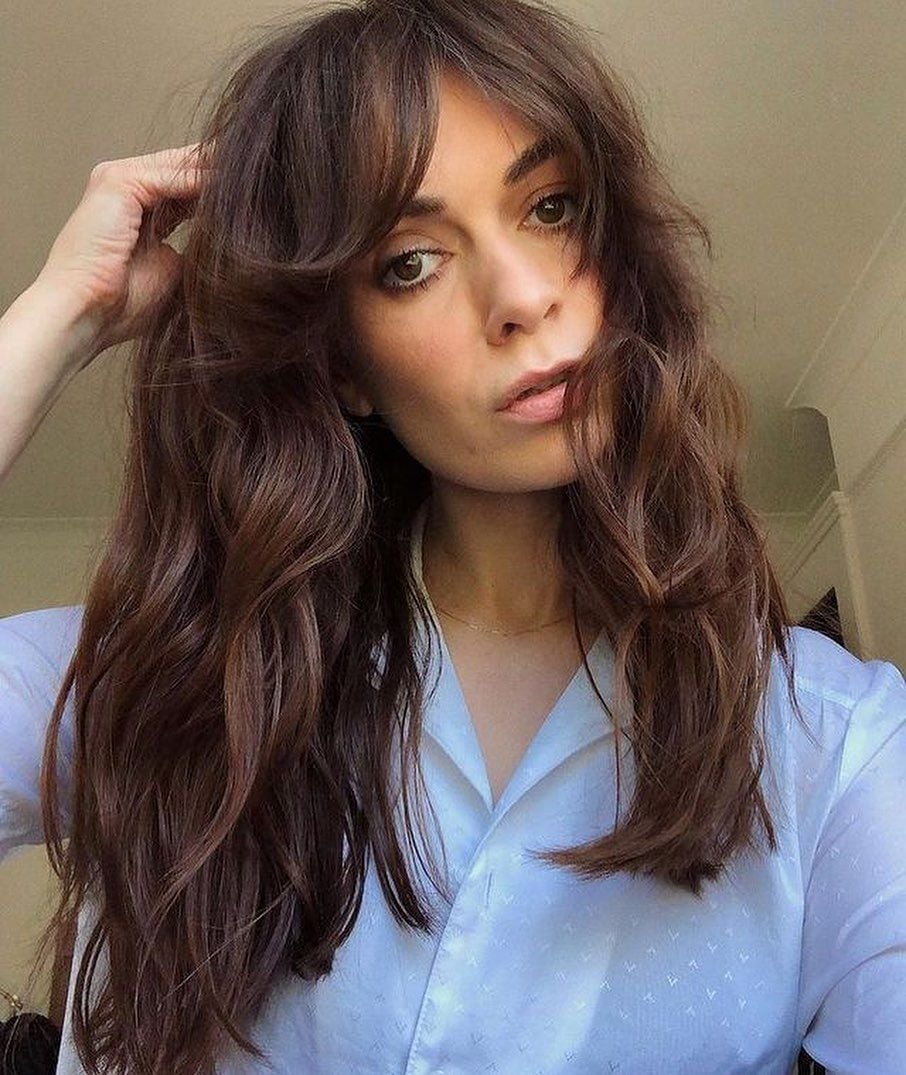 Shoulder Layered Cut With Curtain Bangs, Medium Brown — Hush Cut