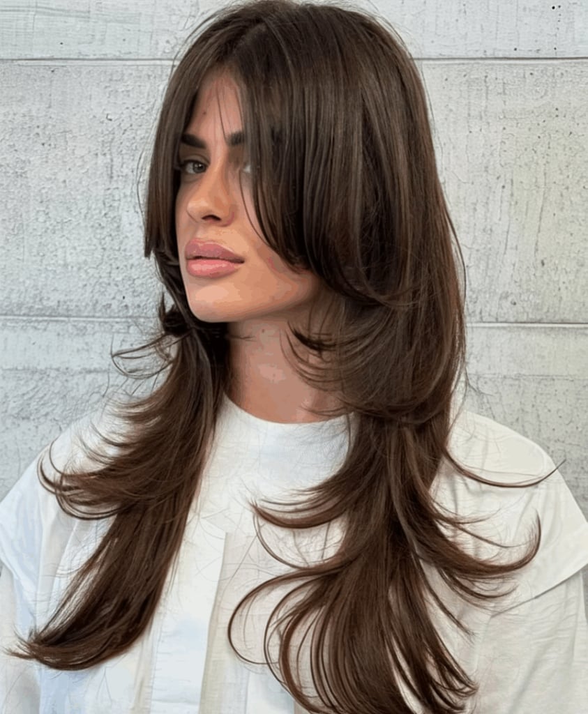 Mid-Back Dark Brown Shag With Voluminous Bangs, Wavy — Hush Cut