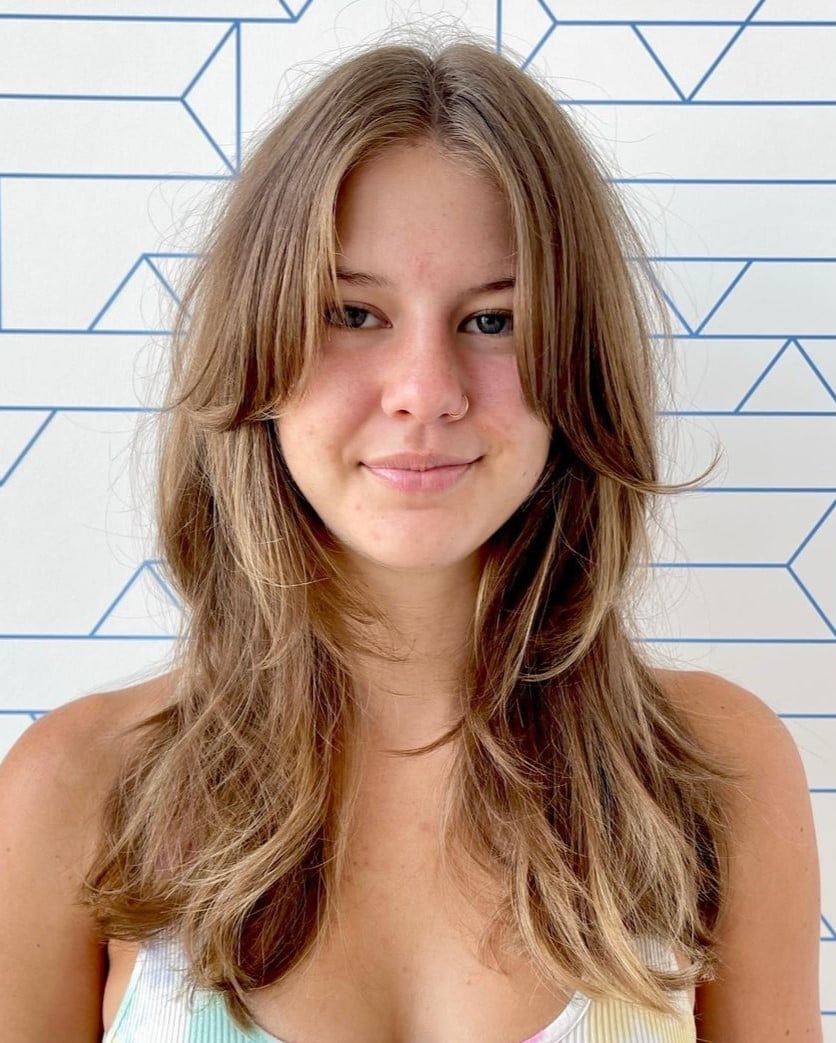 Mid-Back Dark Brown Layers With Curtain Bangs, Middle — Hush Cut