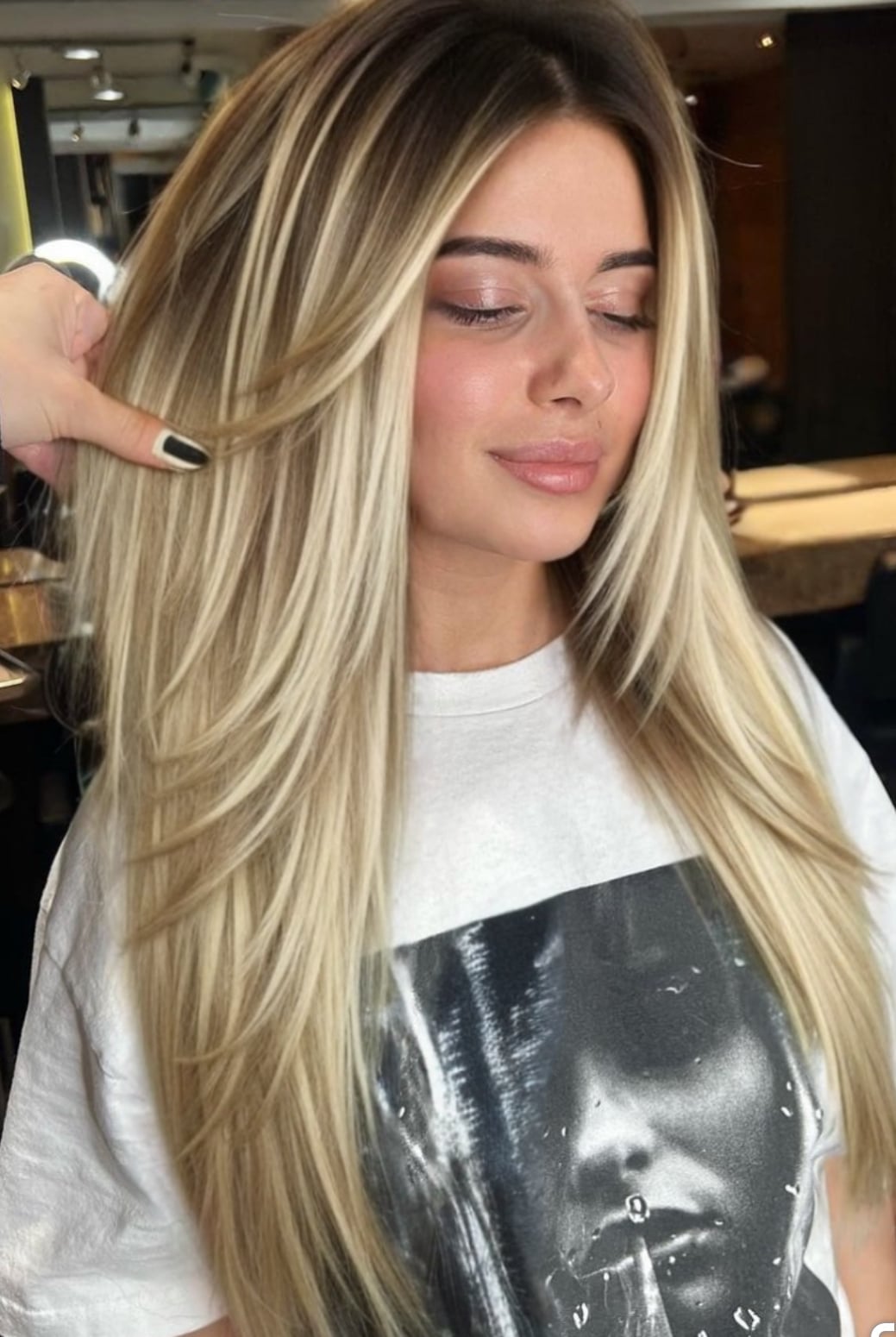 Mid-Back Blonde Balayage With Curtain Bangs — Hush Cut