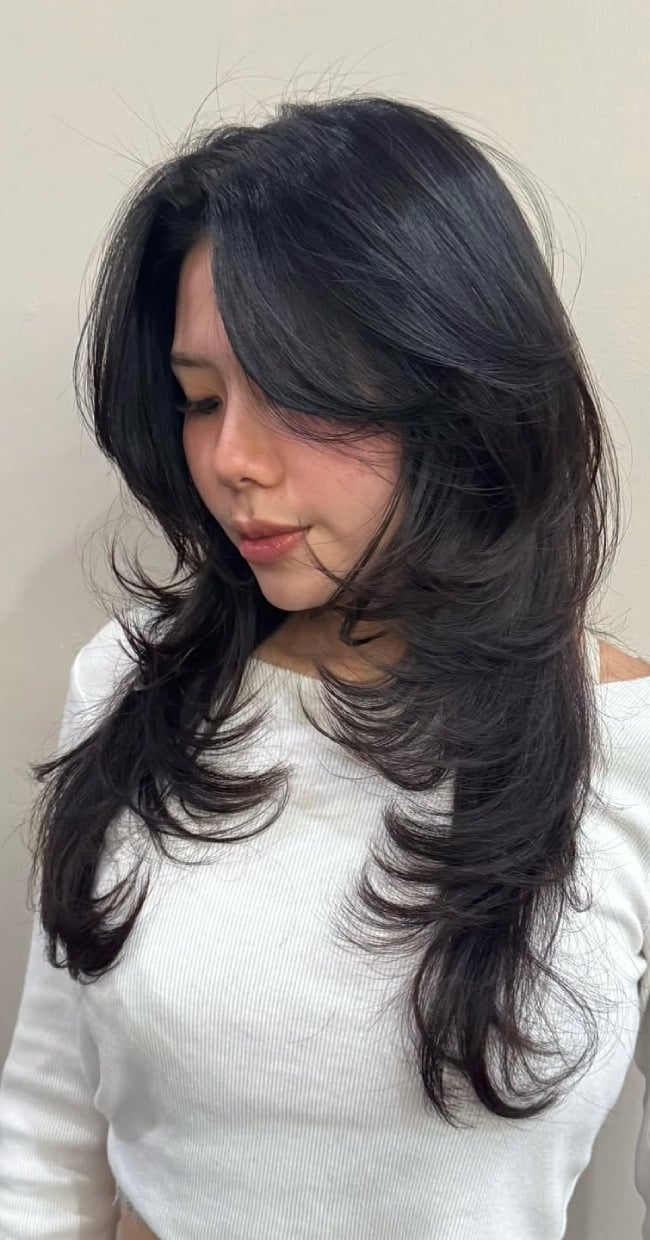 Long Dark Brown Layers With Curtain Bangs, Soft Waves — Hush Cut