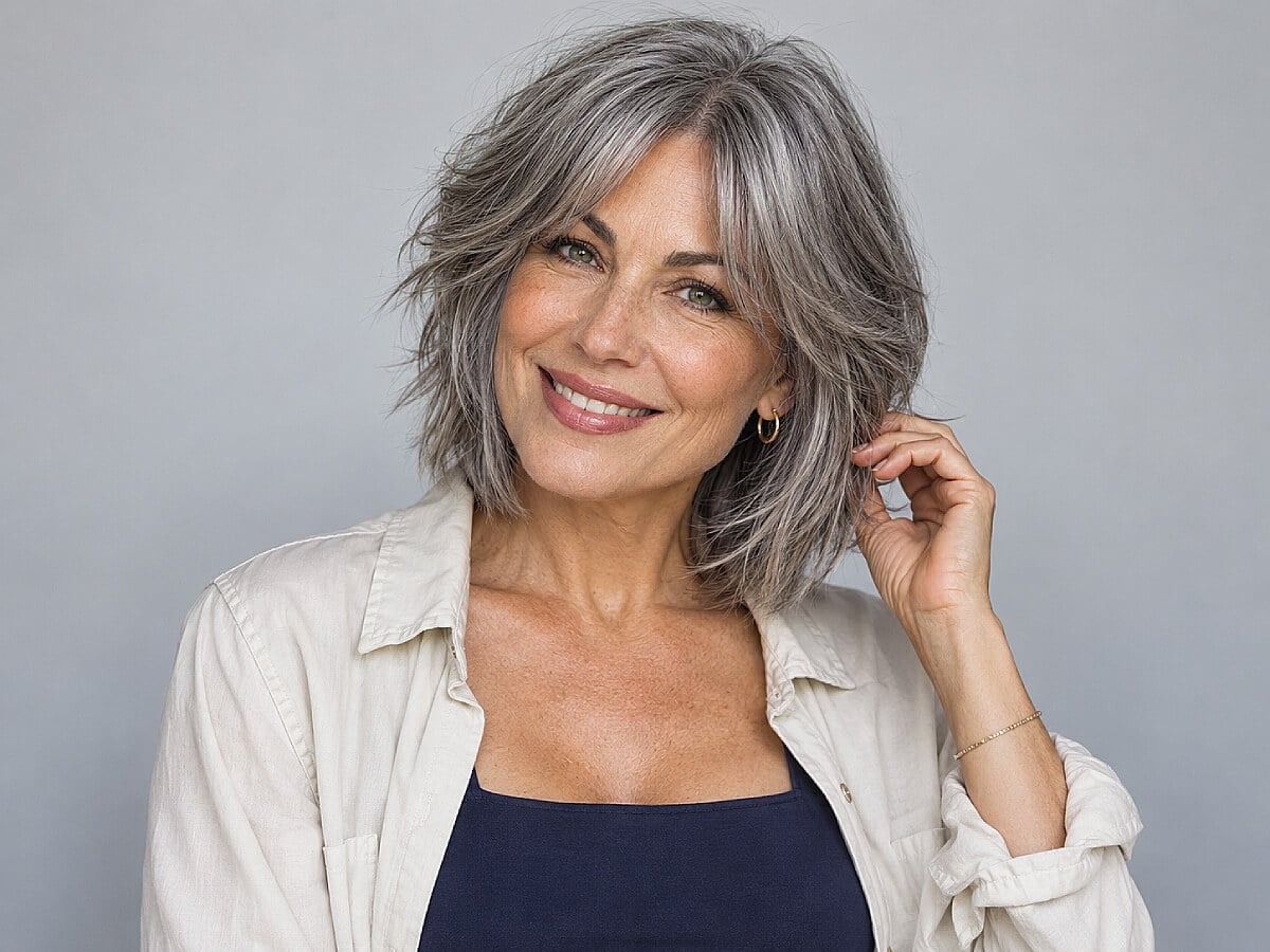 Gray Collarbone Layers With Curtain Bangs — Hush Cut