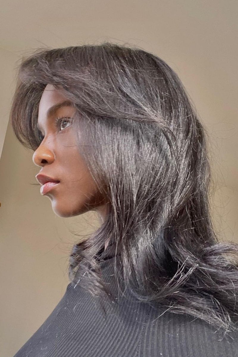 Dark Brown Collarbone Layers With Wispy Bangs, Air Dried — Hush Cut