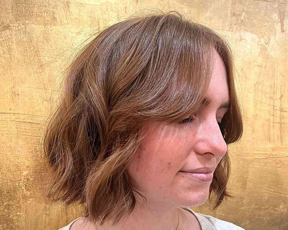 Warm Brown Collarbone Bob With Curtain Bangs — Hush Cut
