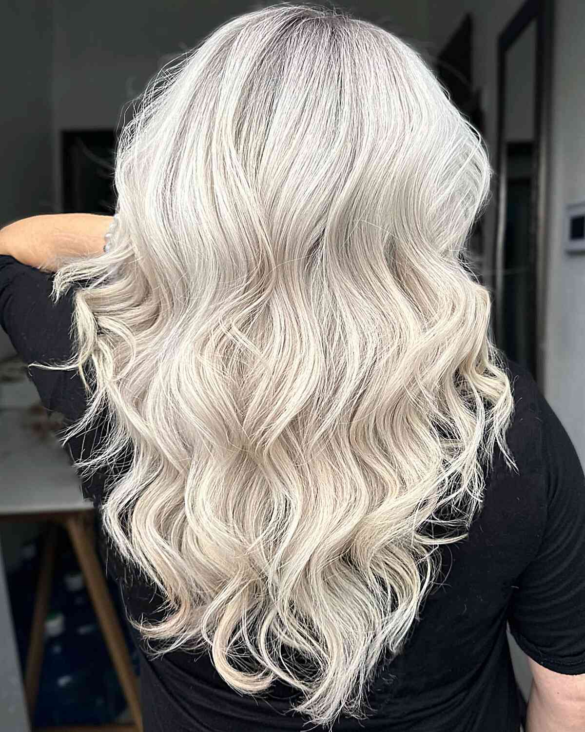 Mid-Back Icy Blonde Balayage Loose Curls Mid-Back Icy Blonde Balayage Loose Curls