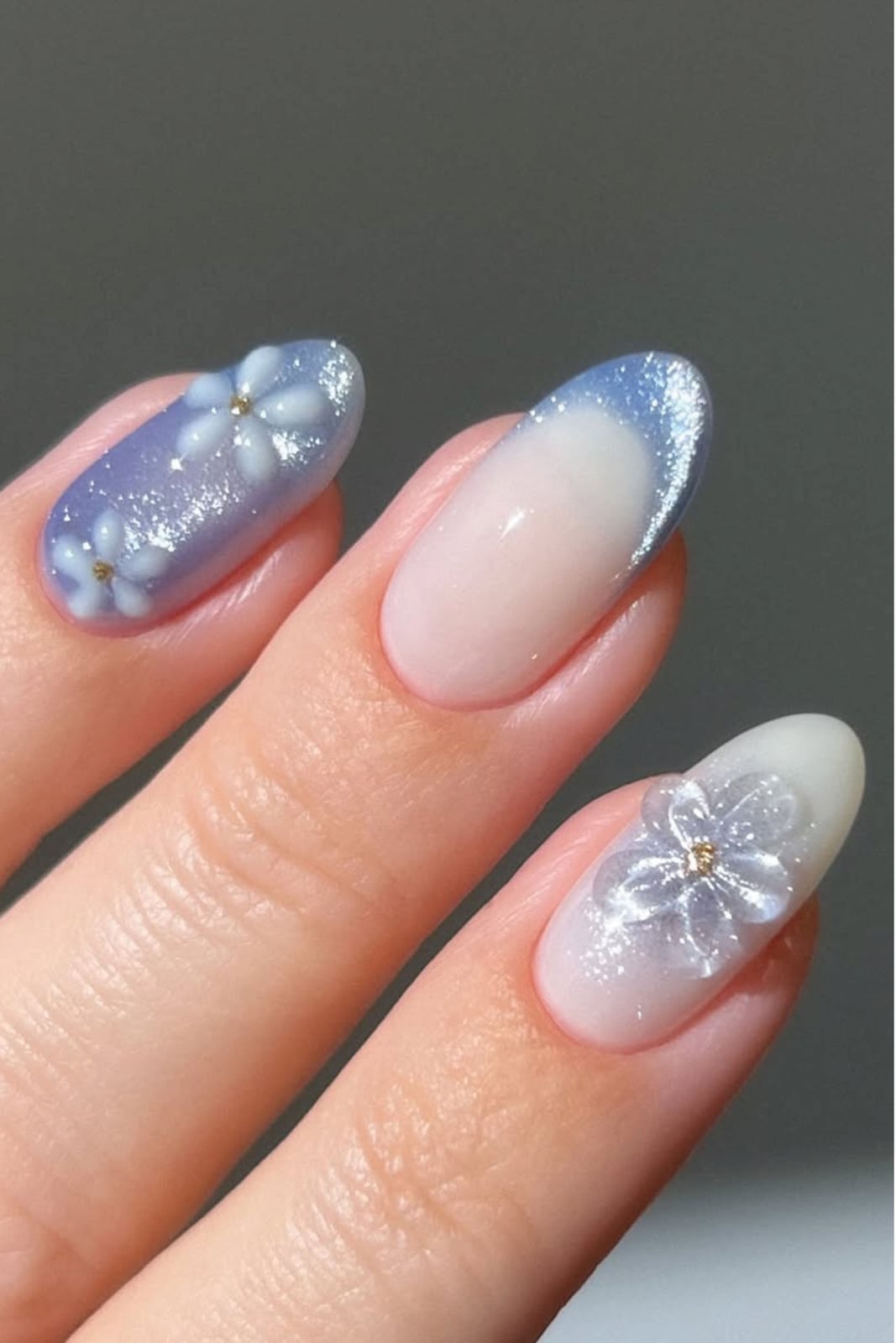 Medium Oval Nails 3D Floral Accents Medium Oval Nails 3D Floral Accents — Icy Blue Nails