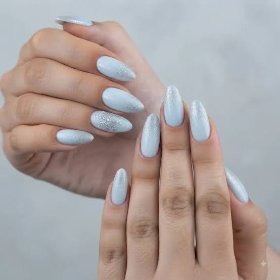 Medium Almond Matte Light Blue Snowflake Nails Medium Almond Matte Light Blue Snowflake Nails — Icy Blue Nails