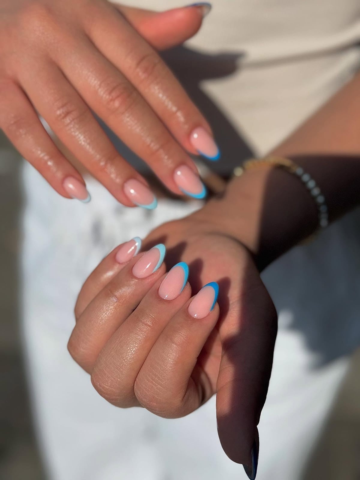 Medium Almond Light Blue French Tip Nails Medium Almond Light Blue French Tip Nails — Icy Blue Nails