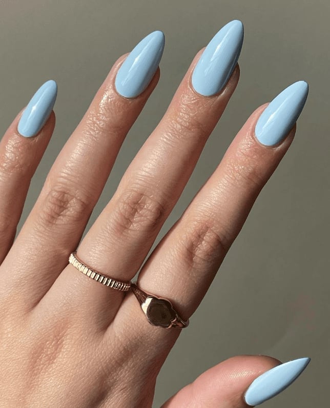 Medium Almond Light Pastel Blue Glossy Nails Medium Almond Light Pastel Blue Glossy Nails — Icy Blue Nails