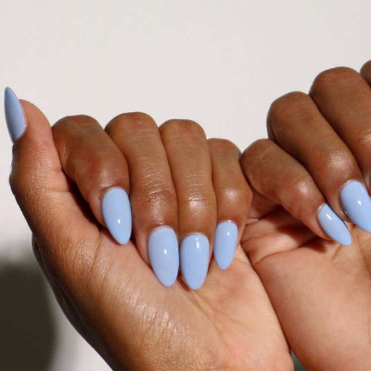 Medium Almond Light Opaque Blue Glossy Nails, Close-Up Take Medium Almond Light Opaque Blue Glossy Nails, Close-Up Take — Icy Blue Nails