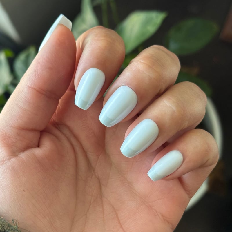 Medium Coffin Pale Milky Blue Glossy Nails Medium Coffin Pale Milky Blue Glossy Nails — Icy Blue Nails