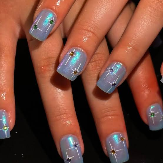 Medium Soft Square Star Embellished Blue Nails Medium Soft Square Star Embellished Blue Nails — Icy Blue Nails