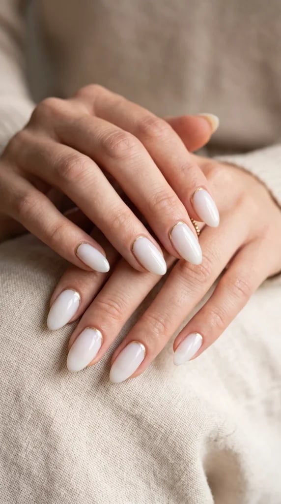 Opaque White Medium Almond with Gold Line Opaque White Medium Almond with Gold Line — Interview Nails