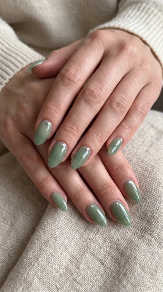 Muted Sage Green Medium Oval with Silver Dot Muted Sage Green Medium Oval with Silver Dot — Interview Nails