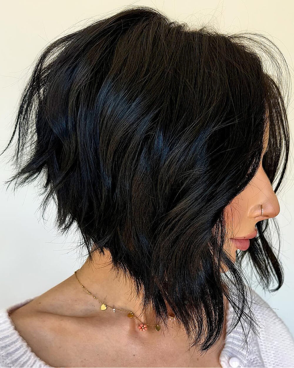 Choppy Dark Brown Bob With Side-Swept Bangs — Inverted Bob