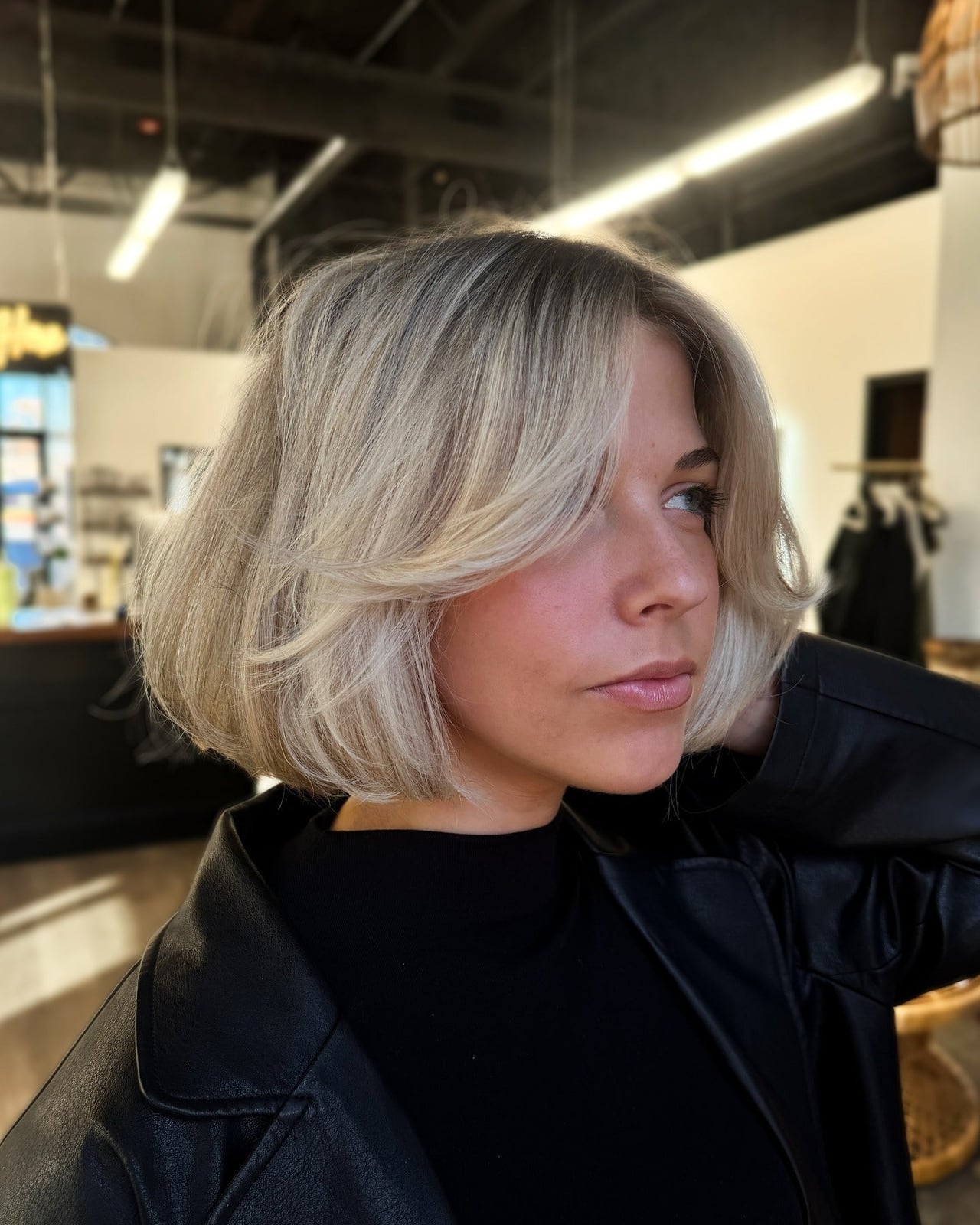 Layered Jaw Length Bob Curtain Bangs Ash Blonde Layered Jaw Length Bob Curtain Bangs Ash Blonde