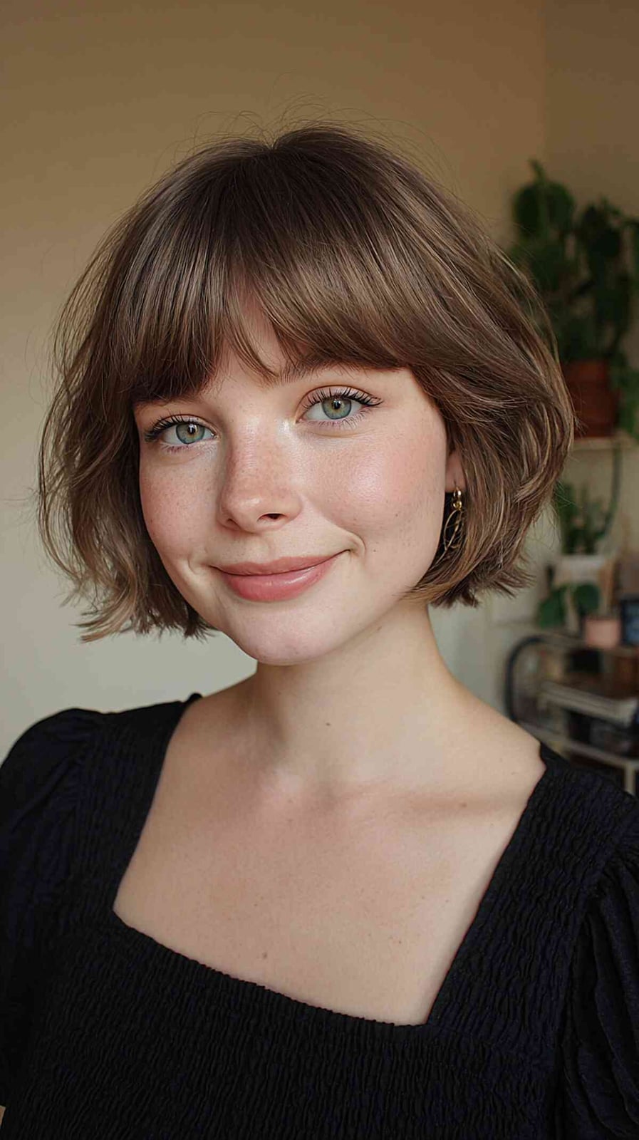 Chin Length Bob Wispy Bangs Air Dried Chin Length Bob Wispy Bangs Air Dried — Jaw Length Bob