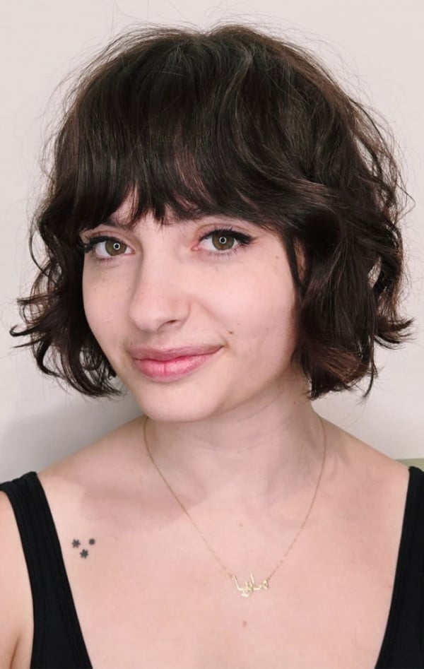 Chin Length Bob Tousled Wavy Wispy Bangs Chin Length Bob Tousled Wavy Wispy Bangs — Jaw Length Bob