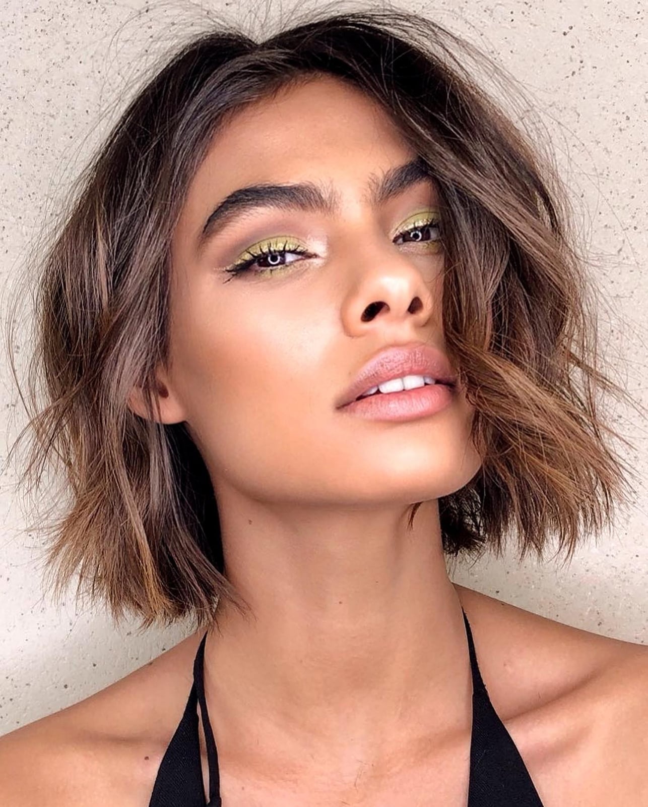 Textured Bob Medium Brown Balayage Wispy Bangs Textured Bob Medium Brown Balayage Wispy Bangs — Jaw Length Bob