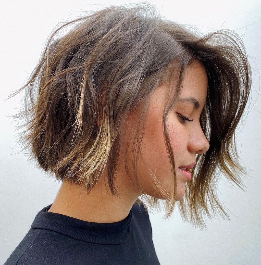 Wind Swept Bob Ash Brown Blonde Highlights Wind Swept Bob Ash Brown Blonde Highlights — Jaw Length Bob