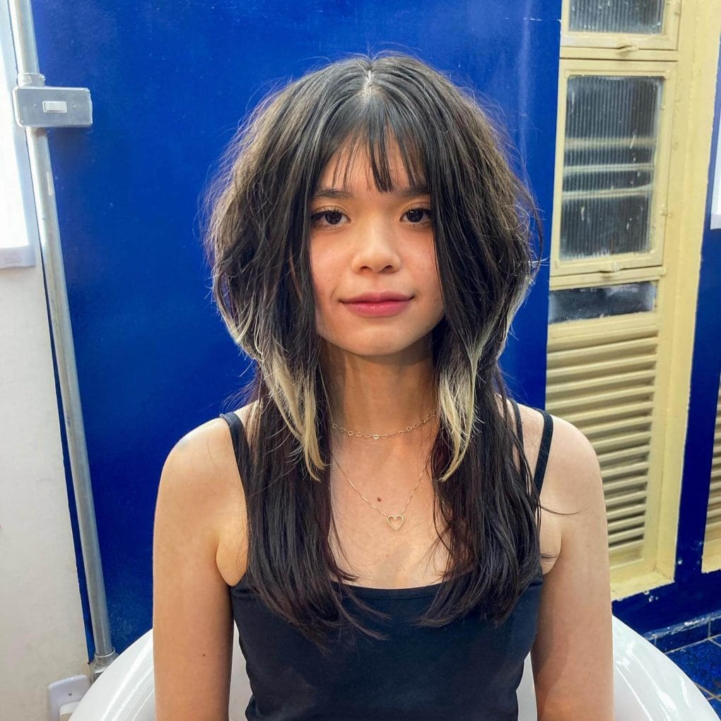 Dark Brown Shag With Blonde Money Piece — Jellyfish Haircut