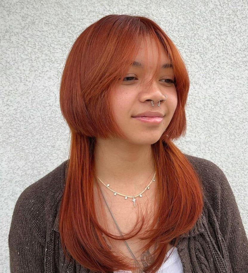 Copper Collarbone Shag With Curtain Bangs — Jellyfish Haircut