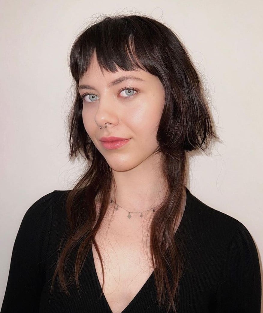 Dark Brown Shag With Blunt Bangs — Jellyfish Haircut
