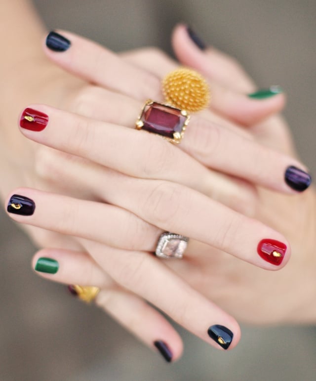 Variety of Jewel Tones with Gold Accents Short Square Nails Variety of Jewel Tones with Gold Accents Short Square Nails — Jewel Tone Nails
