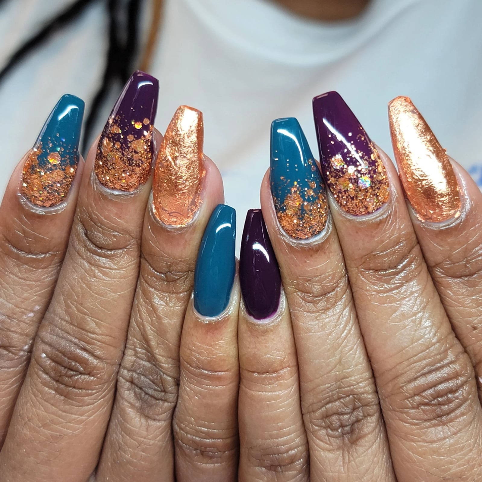 Deep Purple Teal Rose Gold Glitter Gradient Long Coffin Nails Deep Purple Teal Rose Gold Glitter Gradient Long Coffin Nails — Jewel Tone Nails