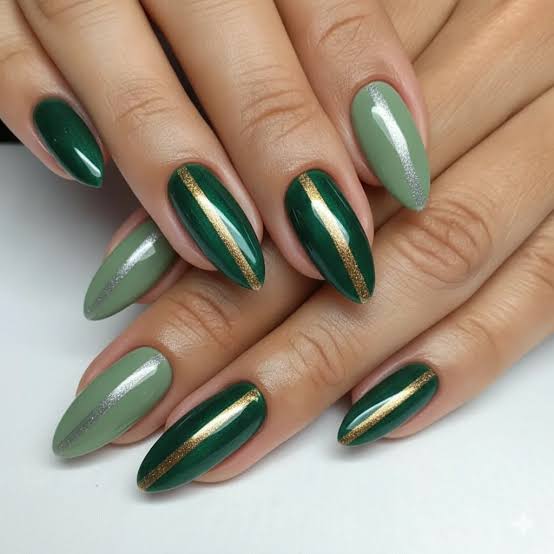 Deep Green with Gold Stripe and Sage Shimmer Medium Almond Nails Deep Green with Gold Stripe and Sage Shimmer Medium Almond Nails — Jewel Tone Nails