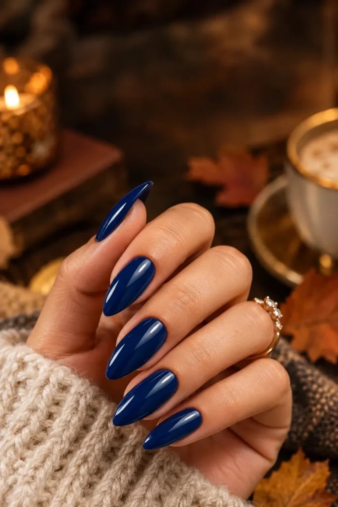 Deep Navy Blue High Gloss Long Almond Nails Deep Navy Blue High Gloss Long Almond Nails — Jewel Tone Nails