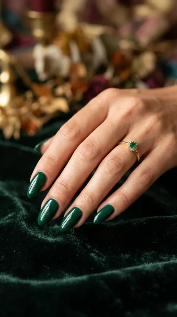 Opaque Emerald Green Glossy Medium Almond Nails Opaque Emerald Green Glossy Medium Almond Nails — Jewel Tone Nails
